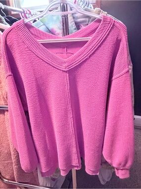 Women's V-Neck Cotton Blend Sweater - Hot Pink